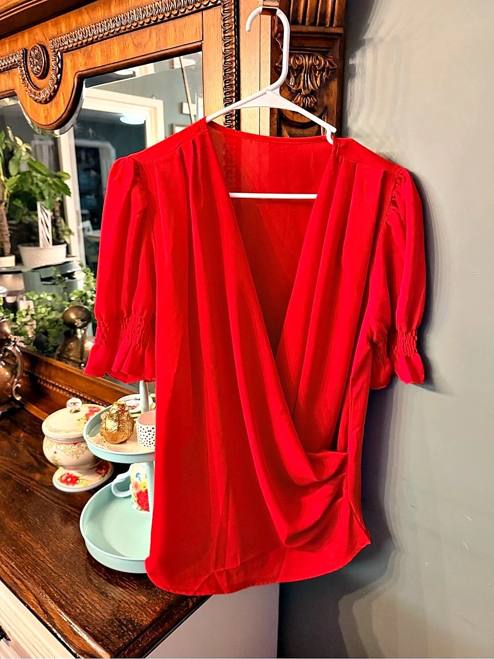 Red Draped Sleeve Blouse Like New